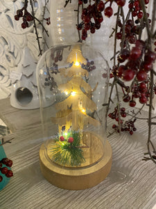 decorazione natalizia led con sotto campana di vetro . all'interno della campana vi è un abete e una renna 