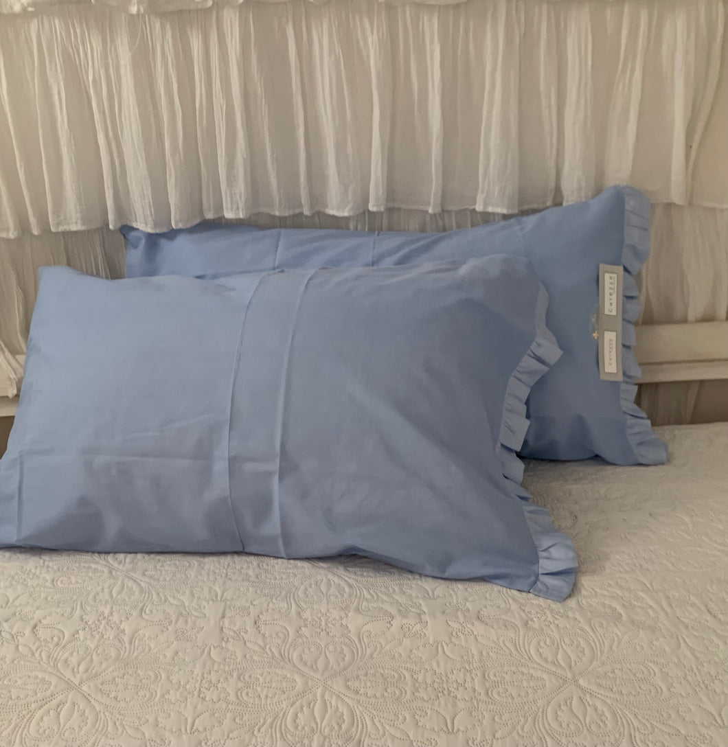 elegante coppia federe cuscino letto in color azzurro, 100% cotone , con blaze in stile shabby chic