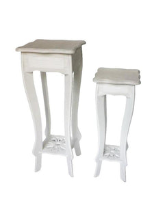 tavolino shabby alto e stretto in legno bianco con ripiano legno naturale 26x26x60